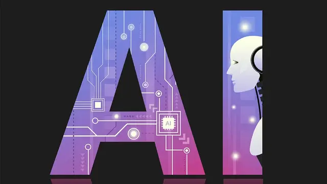 Illustration of the letters AI filled with circuit-board patterns and a robot's face on a dark background